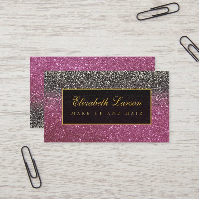 Modern Black Bright Pink Glitter Beauty Makeup Business Card (Front/Back In Situ)