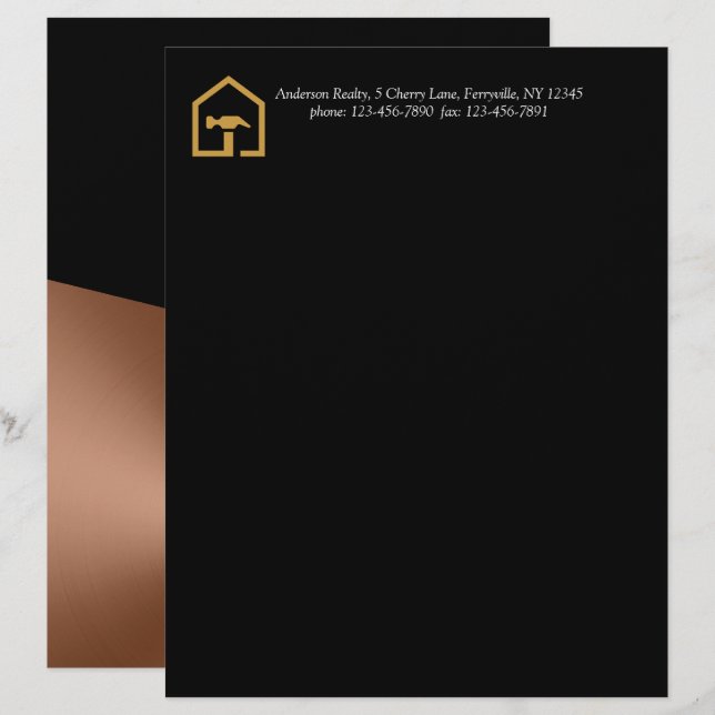 Modern Black & Bronze Construction Building Custom Letterhead (Front/Back)