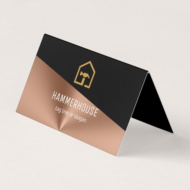 Modern Black & Bronze Construction Building Folded Business Card (Front)