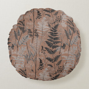 Modern black brown fern pattern round cushion