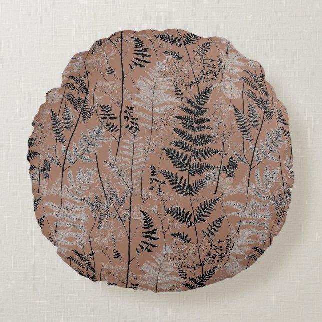 Modern black brown fern pattern round cushion (Front)