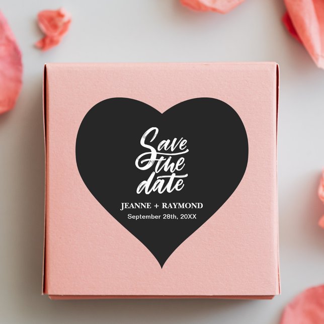 Modern Black Brush Lettered Save the Date Wedding Heart Sticker (Black brush lettered heart sticker creates a chic touch for wedding announcements.)
