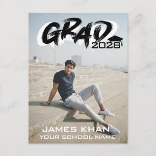 Modern Black Brush Script Full Photo Graduation Invitation Postcard