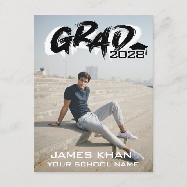 Modern Black Brush Script Full Photo Graduation Invitation Postcard (Front)
