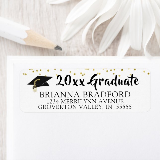 Modern Black Brush Script Gold Confetti Grad Cap (Insitu)