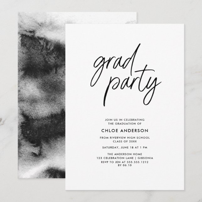 Modern Black Brush Script Photo Graduation Party  Invitation (Front/Back)