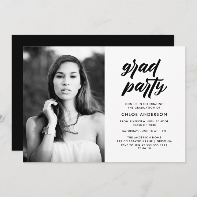 Modern Black Brush Script Photo Graduation Party  Invitation (Front/Back)