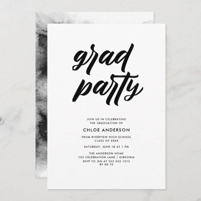 Modern Black Brush Script Photo Graduation Party  Invitation (Front/Back)