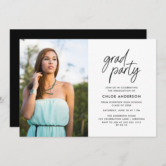 Modern Black Brush Script Photo Graduation Party  Invitation (Front/Back)