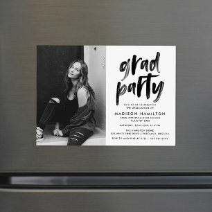 Modern Black Brush Script Photo Graduation Party Magnetic Invitation