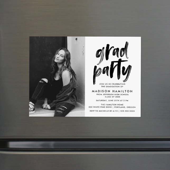 Modern Black Brush Script Photo Graduation Party Magnetic Invitation (Creator Uploaded)