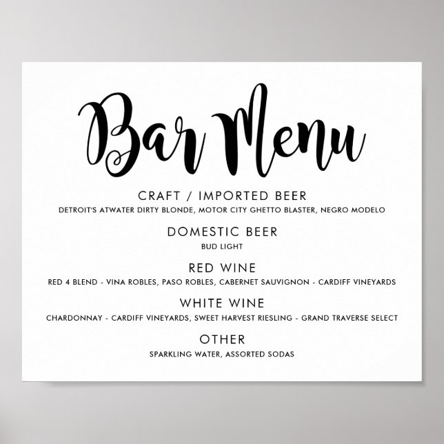 Modern Black Brush Script Wedding Bar Menu Poster (Front)