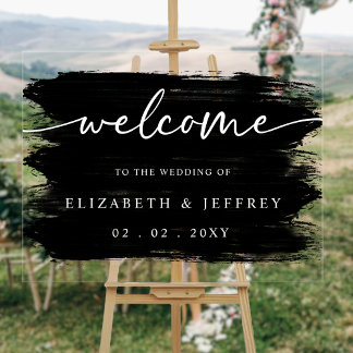Modern Black Brush Strokes Wedding Welcome Acrylic Sign