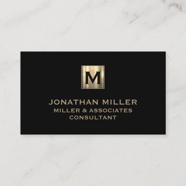 Modern Black Brushed Gold Monogram Business Card (Front)