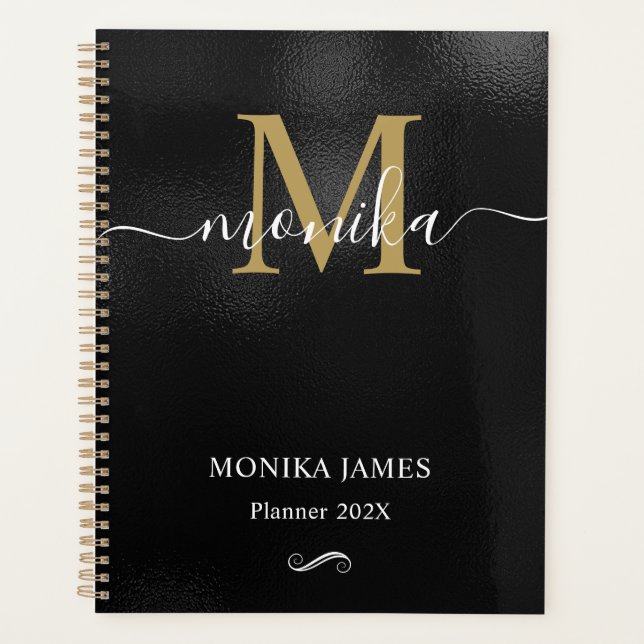 Modern Black Brushed Metal Gold Monogram Planner (Front)