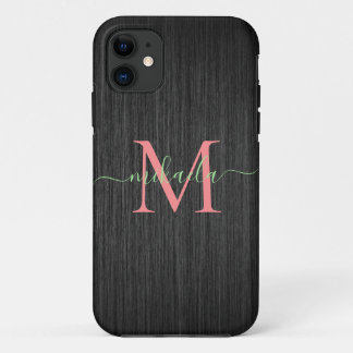 Modern Black Brushed Metal Rose Gold Monogram iPhone 11 Case