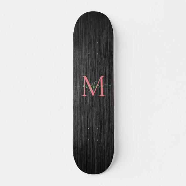 Modern Black Brushed Metal Rose gold Monogram  Skateboard (Front)
