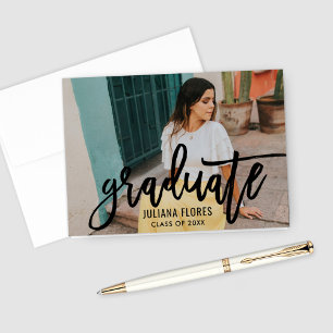 Modern Black Brushed Script Graduation Photo Thank You Card