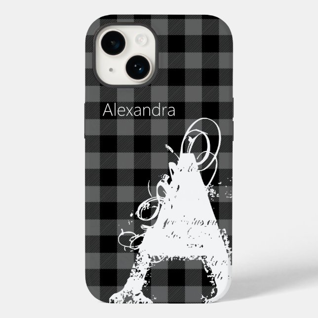 Modern Black Buffalo Plaid Big Monogram Name  Case-Mate iPhone Case (Back)