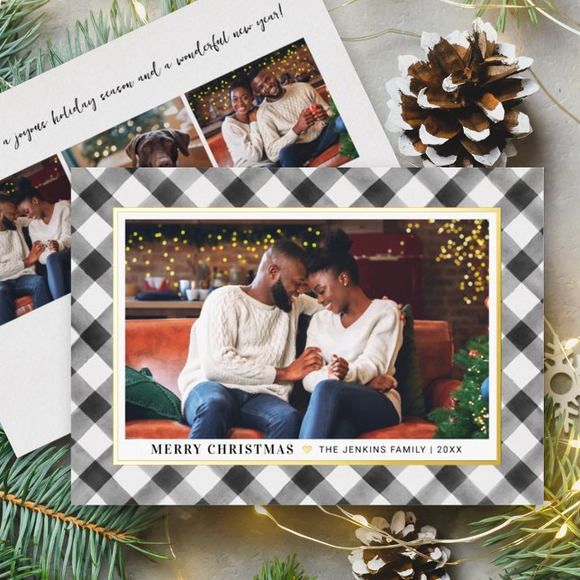 Modern Black Buffalo Plaid Christmas Photo Foil Holiday Card (Creator Uploaded)