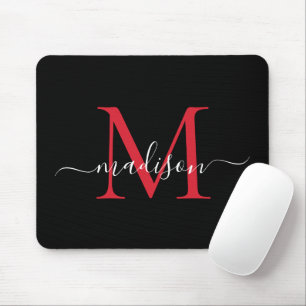 Modern Black Burgundy Red Monogram Girly Script Mouse Mat