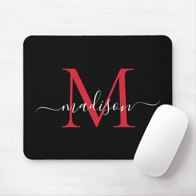 Modern Black Burgundy Red Monogram Girly Script Mouse Mat (With Mouse)