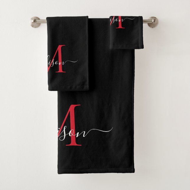 Modern Black Burgundy Red Monogram Script Name Bath Towel Set (Insitu)