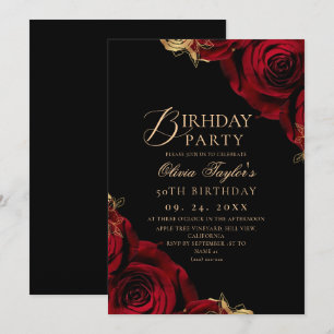 Modern Black Burgundy Roses Floral 50th Birthday  Invitation