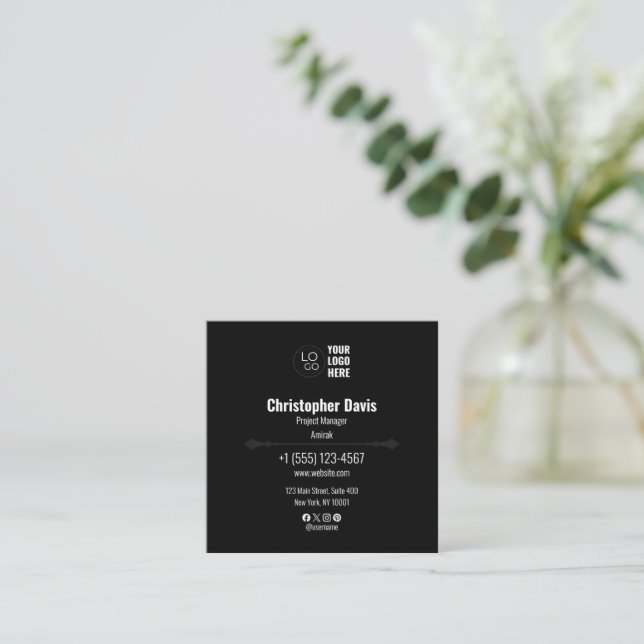 Modern Black Business Card with White Text (Standing Front)