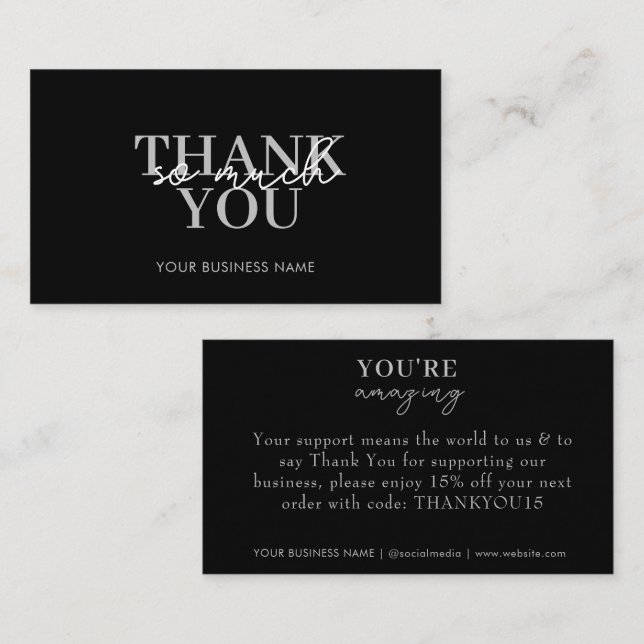 Modern Black Business Elegant Thank You Card (Front/Back)