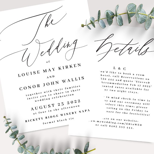 Modern Black Calligraphy Details on back Wedding Invitation (Creator Uploaded)