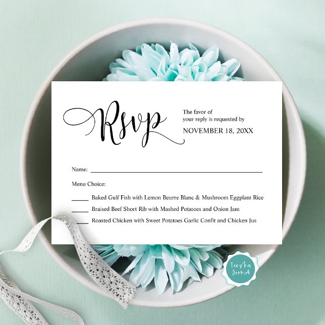 Modern Black Calligraphy ,Wedding RSVP Enclosure Card (Modern Wedding Invitation RSVP card, with meal options, in modern calligraphy design.)