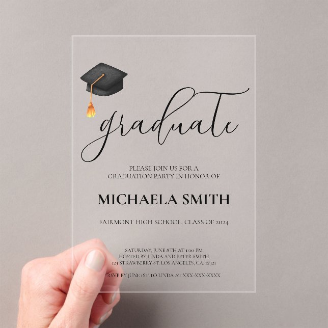 Modern Black Cap High School Graduation Party  Acrylic Invitations (Insitu (Handheld))