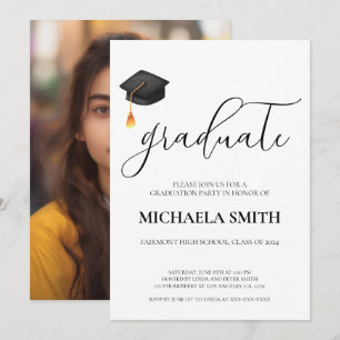 Modern Black Cap High School Photo Graduation Invitation