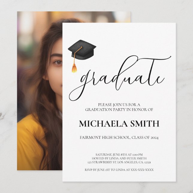 Modern Black Cap High School Photo Graduation Invitation (Front/Back)