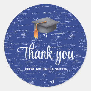 Modern Black Cap Math Graduation Blue Thank You Classic Round Sticker