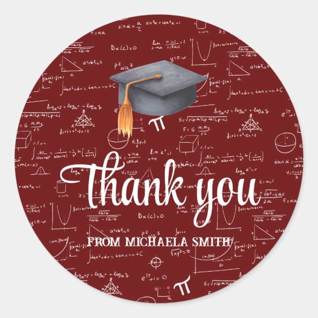 Modern Black Cap Math Graduation Maroon Thank You Classic Round Sticker (Front)