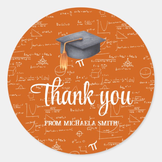Modern Black Cap Orange Math Graduation Thank You Classic Round Sticker (Front)