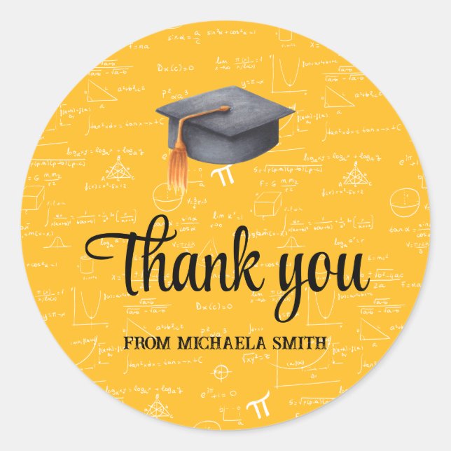 Modern Black Cap Yellow Math Graduation Thank You Classic Round Sticker (Front)