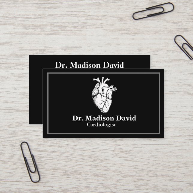 Modern Black Cardiologist  Business Card (Front/Back In Situ)