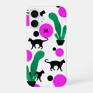 Modern Black Cat and Cactus Pattern Monogram iPhone 16 Case