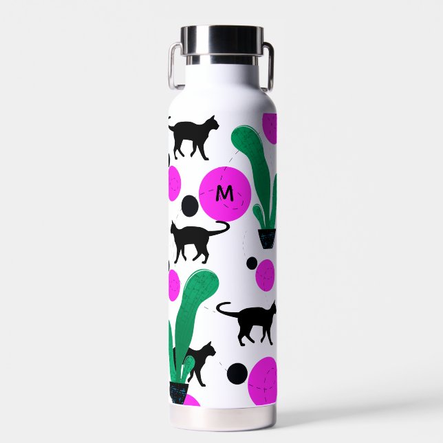 Modern Black Cat and Cactus Pattern Monogram Water Bottle (Front)