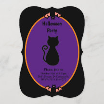 Modern Black Cat & Bats Halloween Invitation