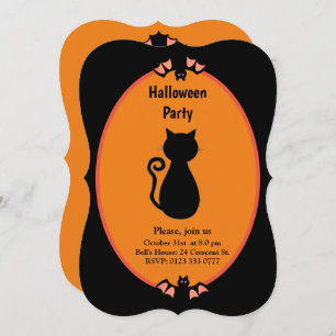 Modern Black Cat & Bats Halloween Invitation