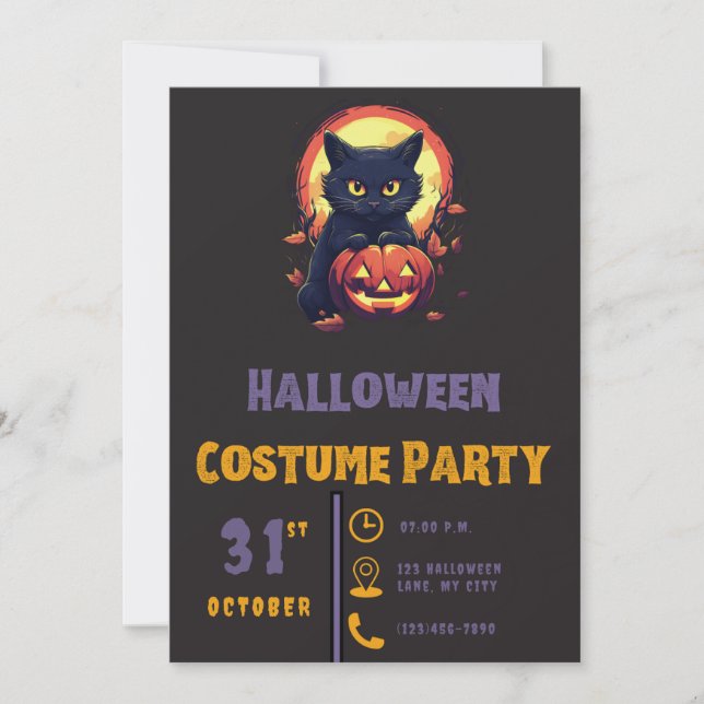 Modern Black Cat & Jack-O' Lantern Black Halloween Invitation (Front)