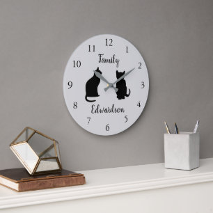 Modern black cat silhouettes family name large clock