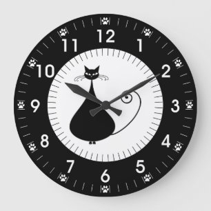 Modern Black Cat with Paw Prints Large Clock