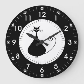 Modern Black Cat with Paw Prints Large Clock