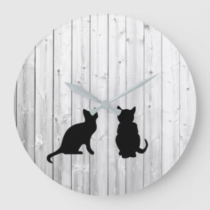 Modern black cats silhouettes on driftwood shiplap large clock