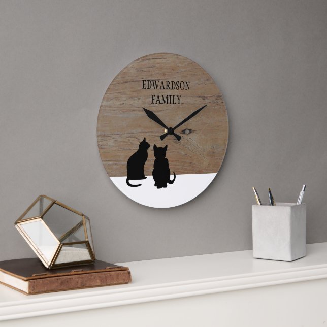 Modern black Cats silhouettes wood family name Large Clock (Office)